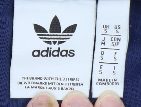 Brand and care label for Adidas Men's Blue Jogger Trousers, size S, Elastic Waist Casual Sportswear