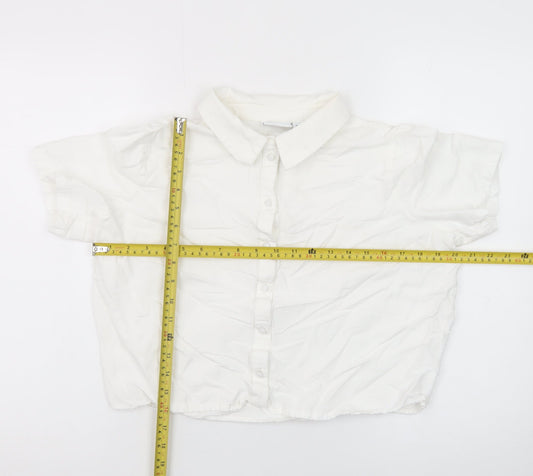Vila Women’s White Cropped Button-Up Short Sleeve Shirt Size 12