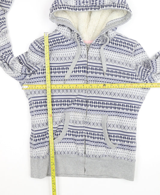 H&M Girls Grey Fair Isle Full Zip Hooded Lined Hoodie Size L