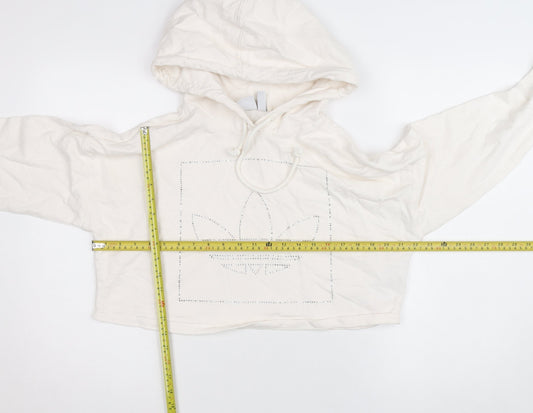 Adidas Womens Ivory 2XS Cropped Hoodie Rhinestone Logo Cotton