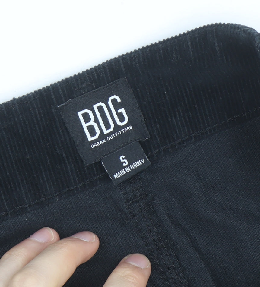 Brand and care label for BDG Women’s Black Corduroy Mini Skirt, size S, Straight Casual