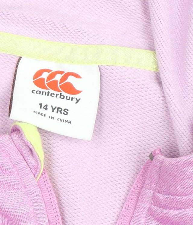 Brand and care label for Canterbury Teens Pink Hooded Track Jacket, size 14, Regular Fit