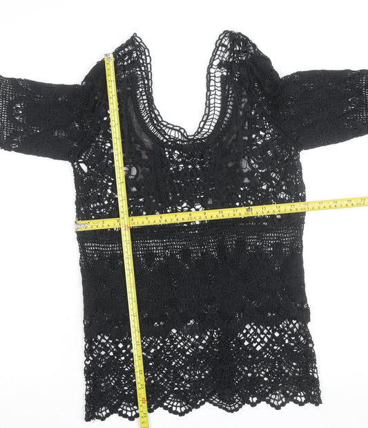 Vila Women Black Lace 3/4 Sleeve Crochet Blouse S