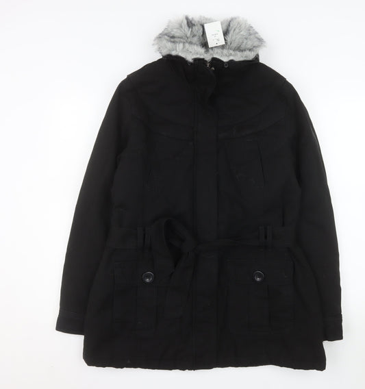 BHS Women’s Black Faux Fur Trim Hooded Belted Parka Coat Size 16