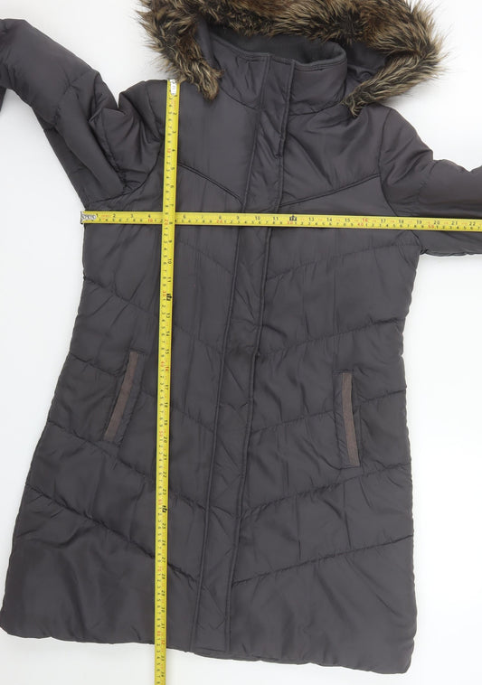 SoulCal Womens Grey Long Puffer Coat Size 10 Hooded Fur Trim Winter Jacket