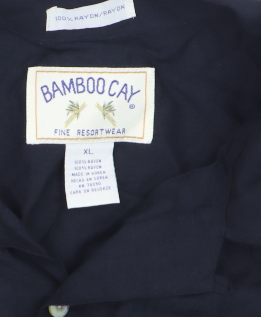 Bamboo Cay Men's Black XL Hawaiian Palm Tree Button-Up Shirt