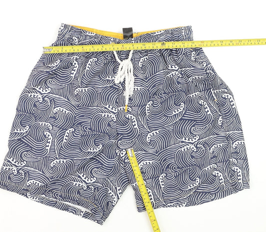 F&F Men’s Blue Wave Print Swim Shorts Size M Elastic Waist Drawstring