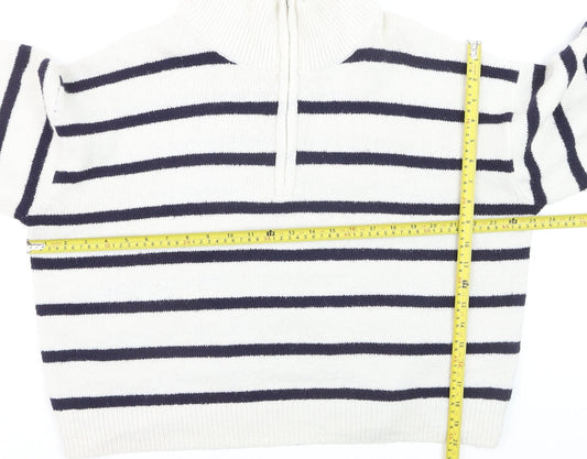 French Connection Women's White Striped 1/2 Zip High Neck Jumper Size L