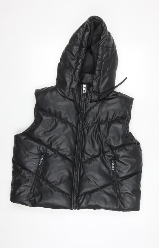 ZARA Women's Black Faux Leather Puffer Hooded Waistcoat Size S