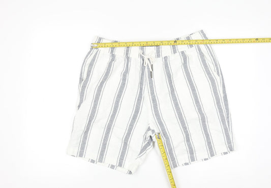 Next Men's White Striped Chino Shorts L Casual Drawstring Cotton
