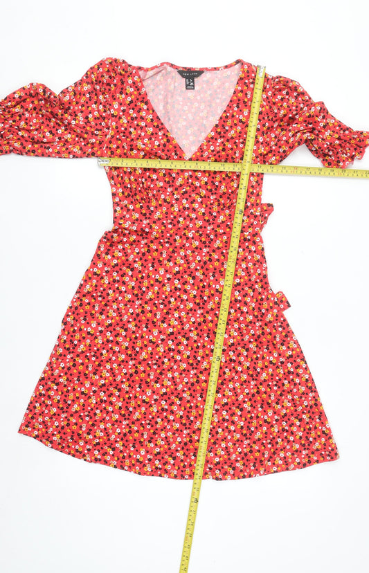 New Look Women's Red Floral Wrap Dress Size 6 Puff Sleeve
