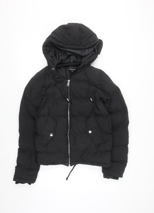 Boohoo Womens Black Hooded Puffer Jacket Size 8 Quilted Zip Up
