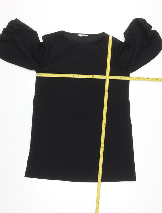 Mango Women Black L Shift Puff Sleeve Short Dress