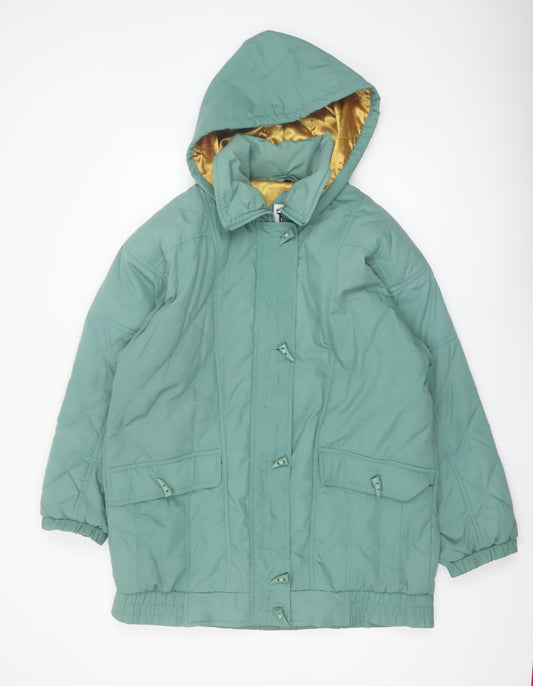 Additional front view of Nuage women’s green hooded parka coat, size UK 14, lined winter jacket