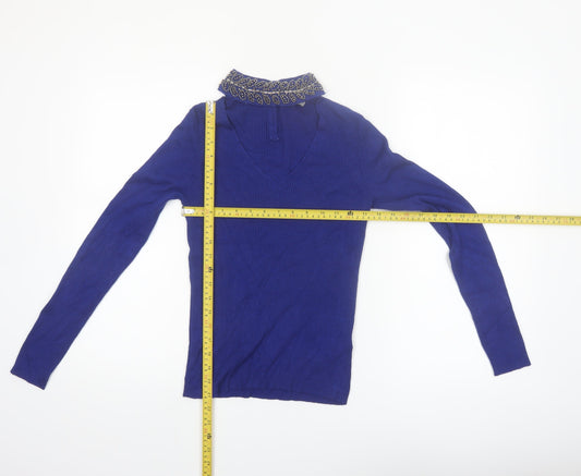 Oasis Women's Blue Beaded Collar V-Neck Slim Fit Jumper Size S