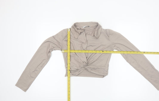Stradivarius Women Beige Cropped Collared Long Sleeve Blouse Size 8