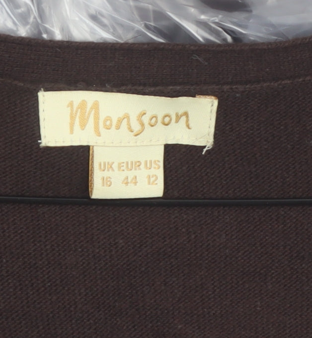 Monsoon Women Brown V-Neck Cardigan UK 16 Cotton Blend Knit