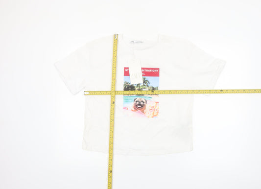 ZARA Women’s White Cotton Cropped Graphic T-Shirt Size 12