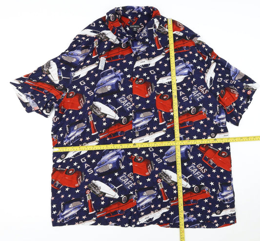 George Men's Blue Retro Car Print Short Sleeve Button-Up Shirt 2XL