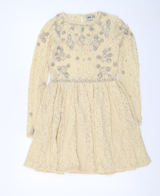 Additional front view of ASOS Women Beige Lace Fit & Flare Sequin Dress, size 8
