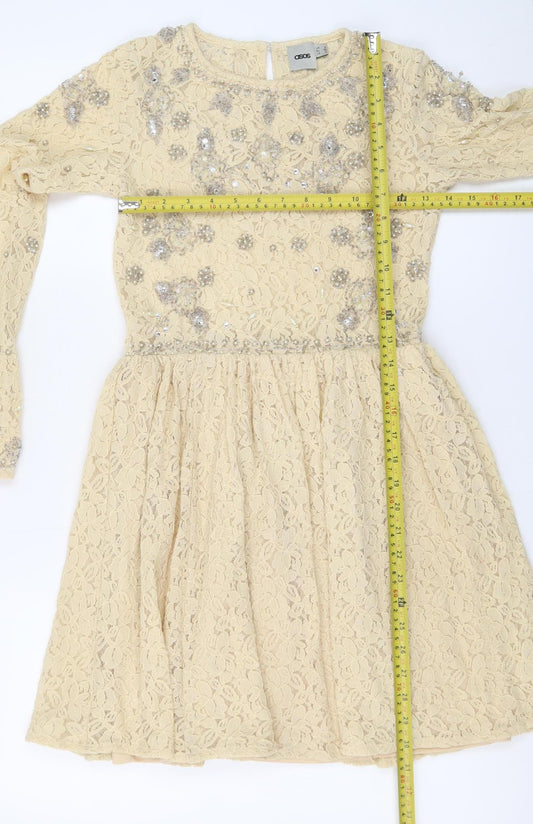 ASOS Women Beige Lace Fit & Flare Sequin Dress Size 8