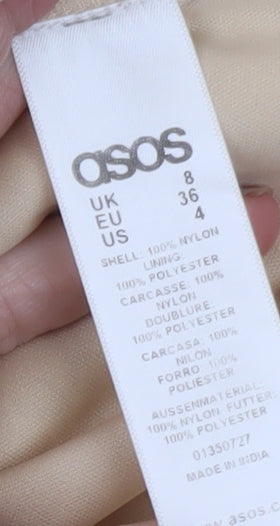 Brand and care label for ASOS Women Beige Lace Fit & Flare Sequin Dress, size 8