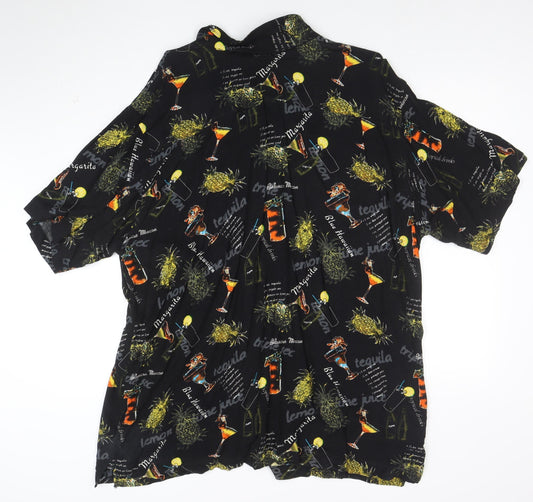 Cherokee Men's Black 2XL Hawaiian Button-Up Shirt Tropical Drinks Print