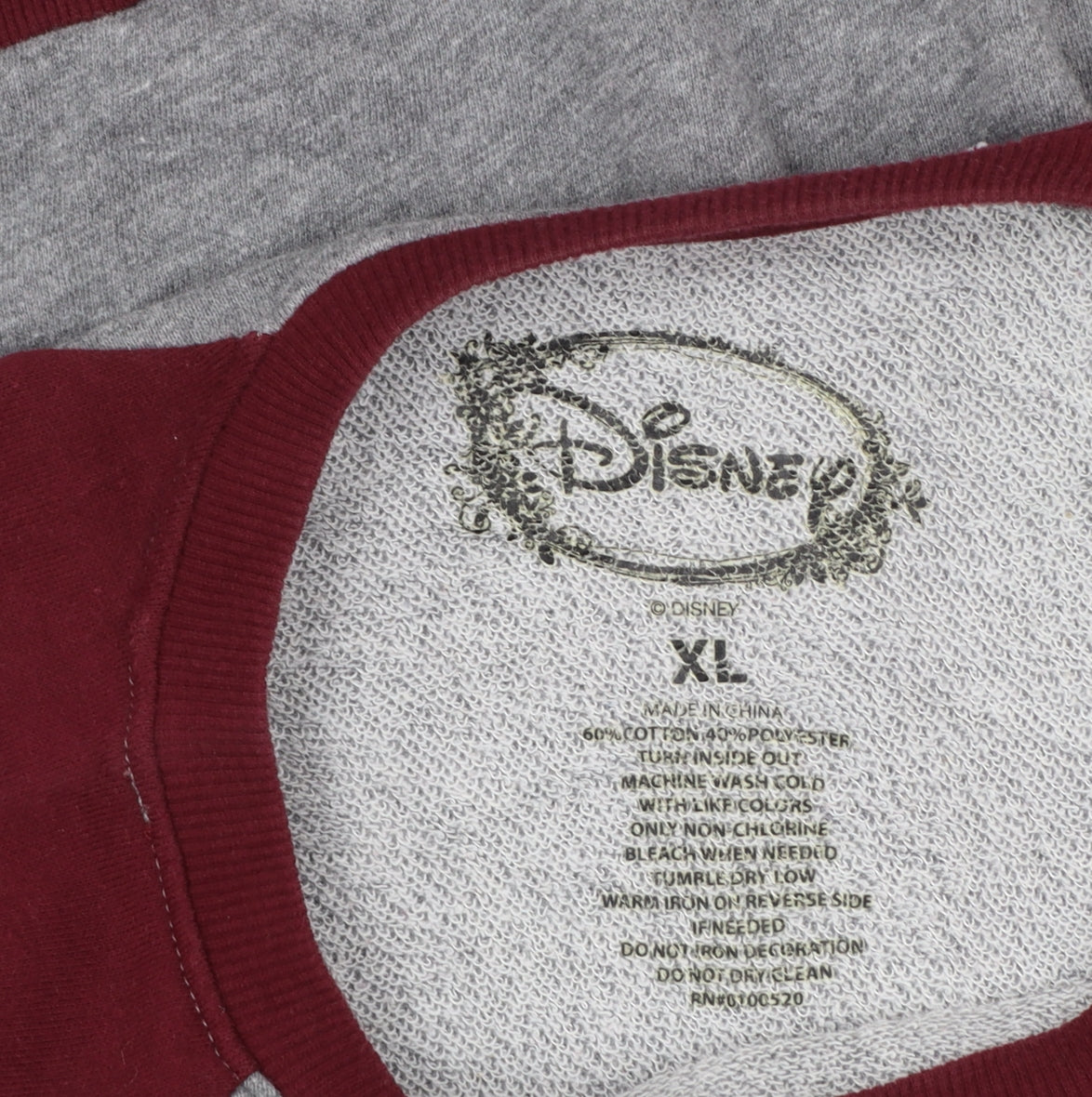 Disney Womens Grey Burgundy Mickey Sweatshirt XL Raglan Crew Neck