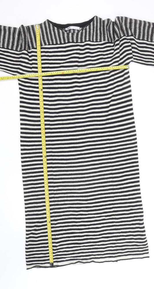 Zara Women Black Striped Wool Knit Shift Dress Size M