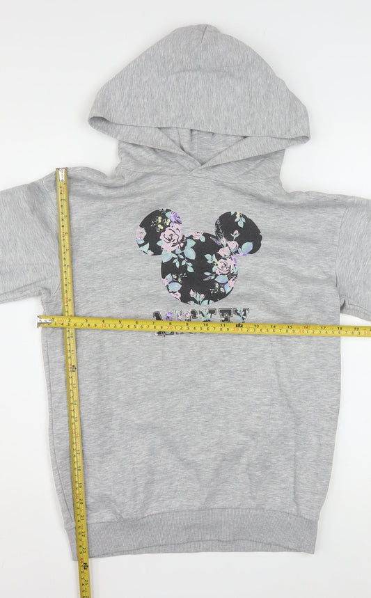 H&M Girls Grey Hoodie 11-12 Years Disney Mickey Floral Cotton Blend Pullover