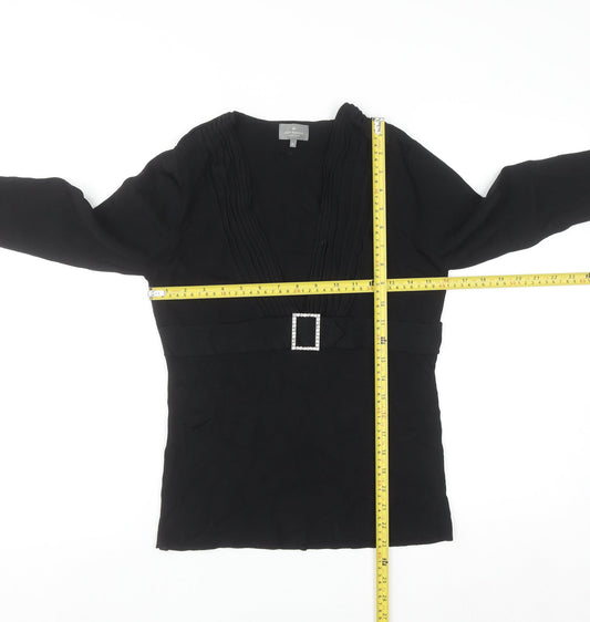 Jeff Banks Women Black Size 12 V-Neck Tunic Jumper with Buckle Detail