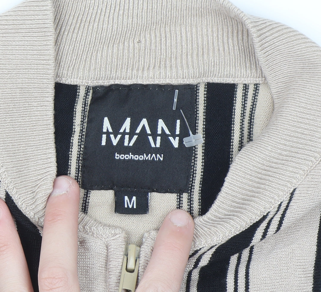 Brand and care label for boohooMAN Men's Beige Striped Full Zip Jumper, size M, Classic Knitwear
