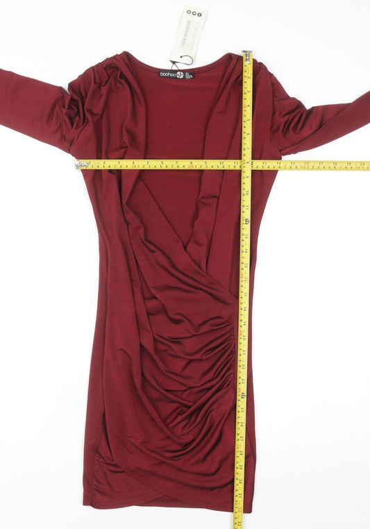 Boohoo Women Red Size 8 Bodycon Long Sleeve Ruched Mini Dress