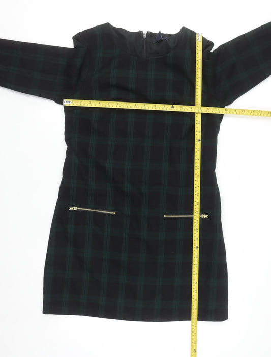 Gap Women Green Check Shift Dress Size S 3/4 Sleeve Zip Detail