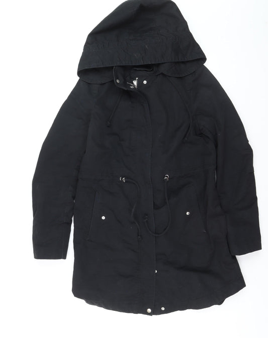 H&M Divided Women's Black Parka Coat Size 8 Hooded Long Cotton Blend