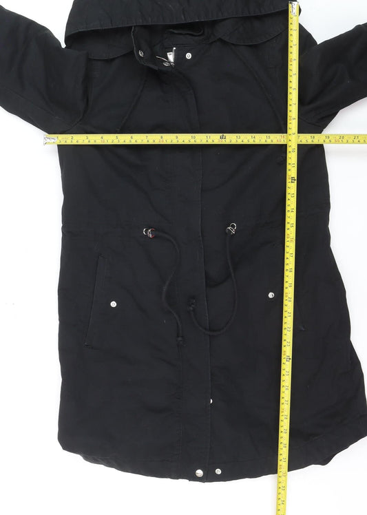 H&M Divided Women's Black Parka Coat Size 8 Hooded Long Cotton Blend