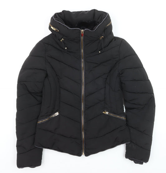 Zara Women's Black Puffer Jacket Size S Hooded Lined Zip Winter Coat