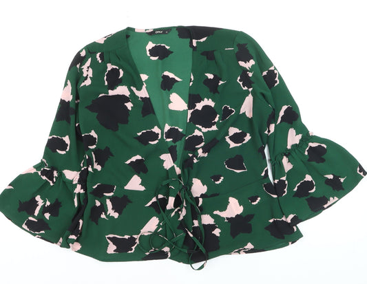 Additional front view of Only Women’s Green Floral Wrap Blouse, size UK 6, Long Flared Sleeve