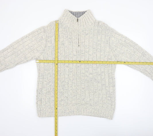 Marks & Spencer Men’s Beige Cable-Knit 1/4 Zip Wool Blend Jumper Size L