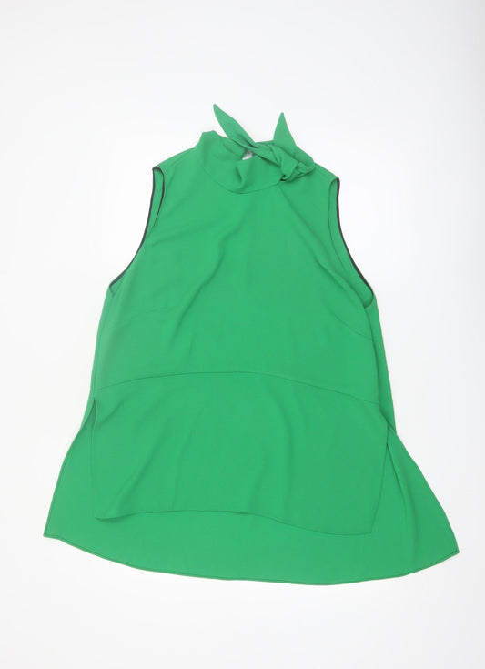 Additional front view of Zara Woman Green High Neck Bow Sleeveless Blouse, size 18