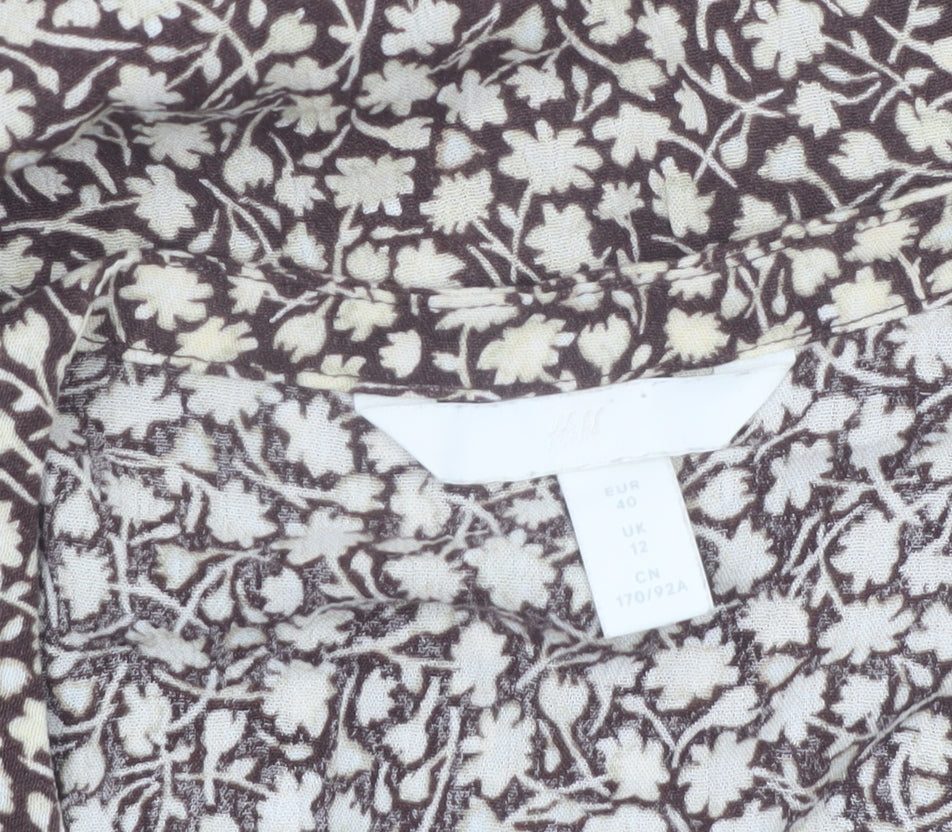 H&M Women Brown Floral Viscose Short Sleeve Tunic Blouse UK 12