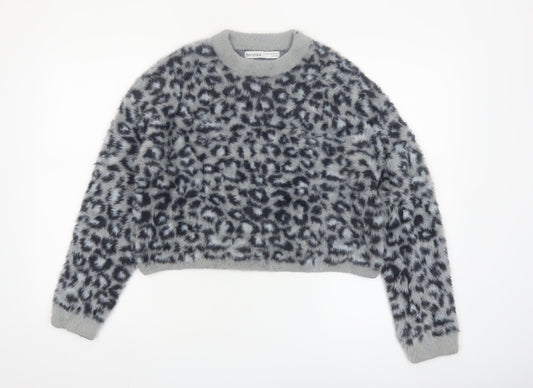 Bershka Women's Grey Animal Print Long Sleeve Pullover Jumper XS