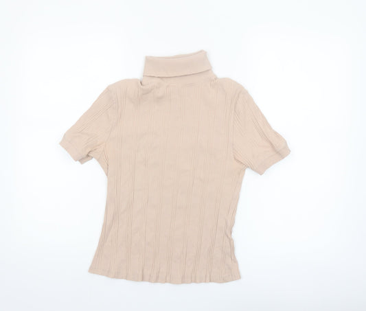 Zara Women Beige Roll Neck Ribbed Short Sleeve Knit Top Size L