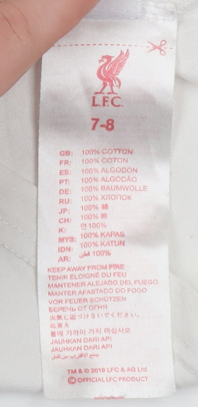 Brand and care label for LFC boys’ white 7-8 years cotton carabao cup 2022 winners t-shirt