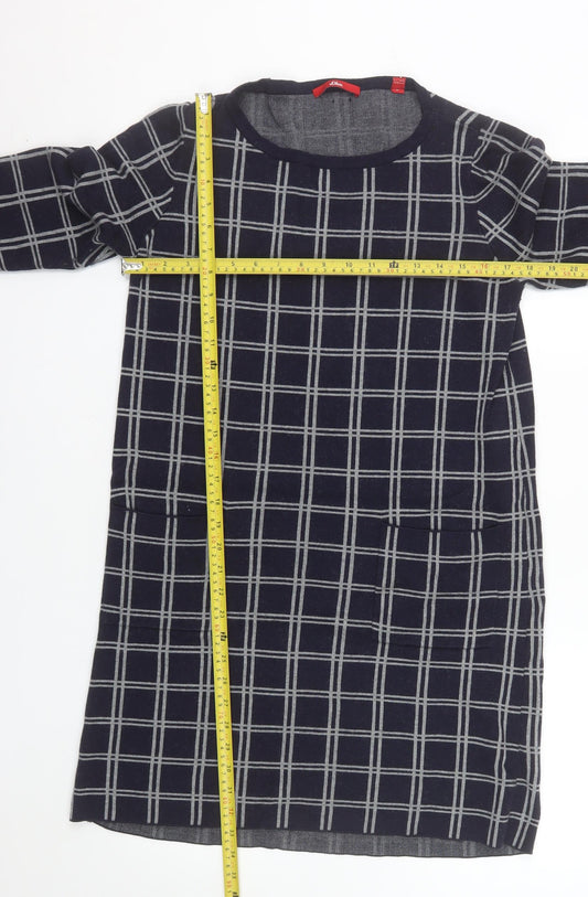 s.Oliver Women Blue Check Shift Dress Size 12 3/4 Sleeve Knit