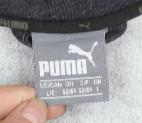 Brand and care label for Puma Men's Grey Full Zip Hoodie, size L, Sportswear