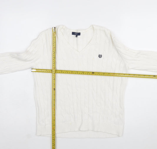 Chaps Women's White V-Neck Cable Knit Cotton Jumper Size M