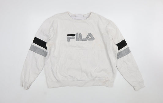 Additional front view of Fila women’s white crew neck pullover sweatshirt xl logo detail