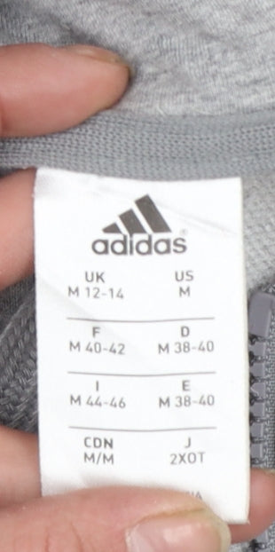 Brand and care label for Adidas women’s grey black full zip hoodie, size M, 12-14 colourblock