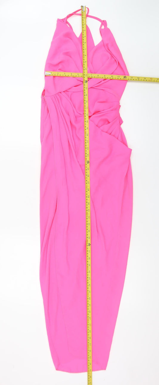 ASOS DESIGN Women's Pink Long Bodycon Ruched V-Neck Dress Size 8